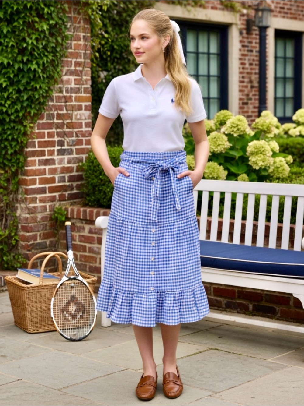 POLO Ralph Lauren Blue Gingham Linen Tiered Ruffle Midi Skirt Pockets Size 4